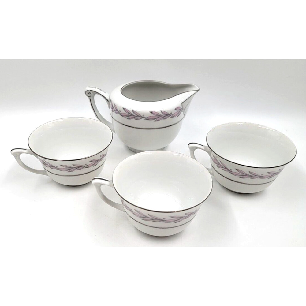 Narumi Miramar 5084 Silver Leaf Creamer & 3 Footed Tea Cups Made in Japan
